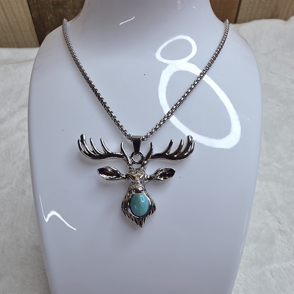 Stainless Deer Head Pendant Necklace with Turquoise Accent